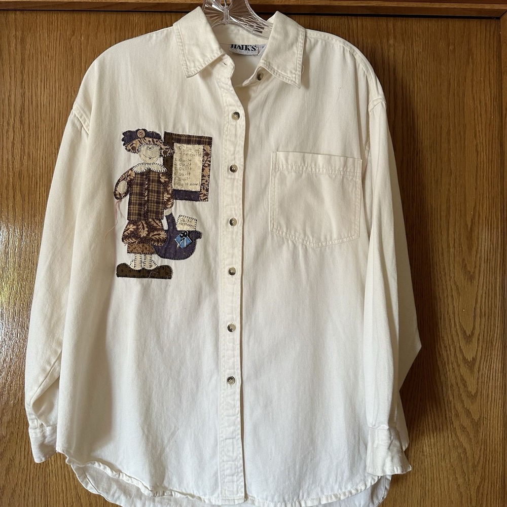 Haiks Shirt Womens Large Cream Denim Quilting Patchwork Button Up 90s Vintage